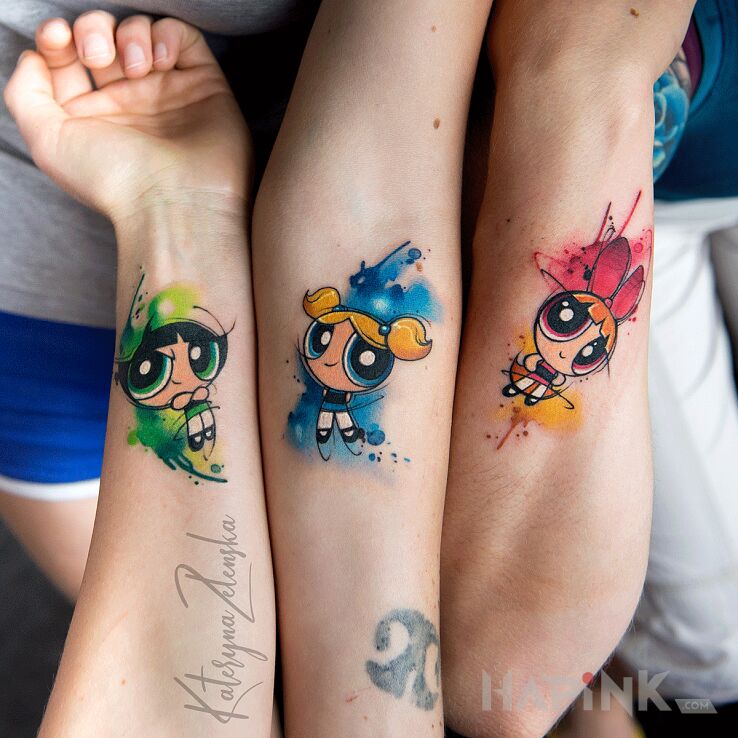 Tattoo Atomówki / Bajka / Bójka / Brawurka / Akwarela / Watercolor in colorful motif and Watercolor style on the forearm