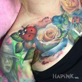 Tattoo Springtime vibe on the chest motif: colorful style: Watercolor