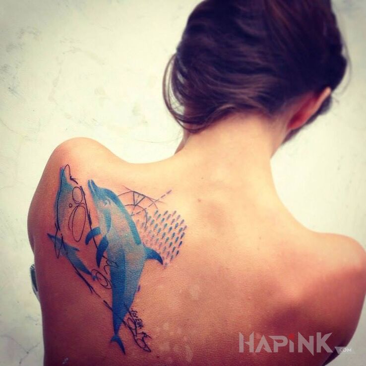 Tattoo Delfiny in colorful motif and Watercolor style on the shoulder blades