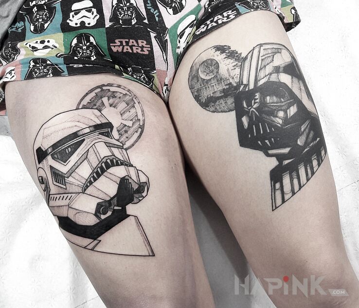 Tattoo Vader / Stormtrooper / Star Wars / Gwiezdne Wojny in characters motif and realistic style on the leg