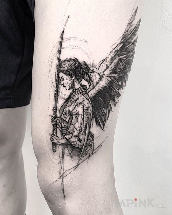 Tattoo Samurajski anioł in black and gray motif and sketch style on the leg