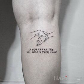 Tattoo Right is right on the leg motif: lettering style: minimalistic