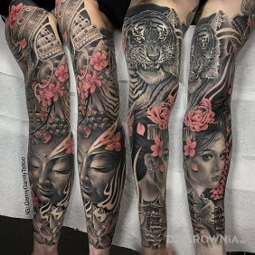 Tatuaż Tygrys i Gejsza na ramieniu motyw: 3D styl: realistyczne
