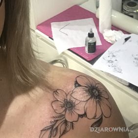 Tatuaż Kwiaty na ramieniu motyw: czarno-szare styl: graficzne / ilustracyjne