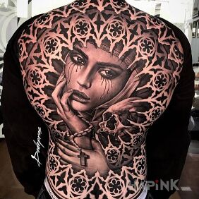 Tattoo Face in stained glass on the back motif: 3D style: realistic