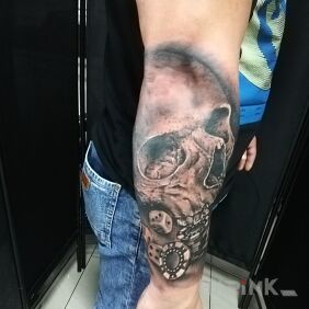 Tattoo Skull with tattoo game chips on the forearm motif: skulls style: realistic