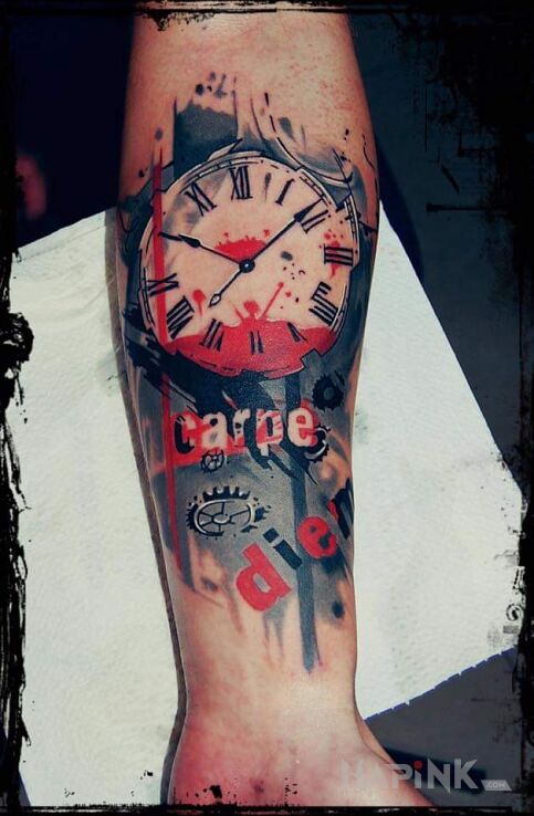 Tattoo Trash polka, zegar in lettering motif and trash polka style on the forearm