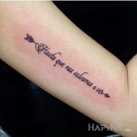 Tattoo Until we meet on the upper arm motif: lettering style: calligraphy