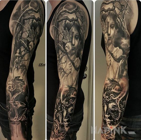 Tattoo Liść na twarzy in 3D motif and realistic style on the forearm