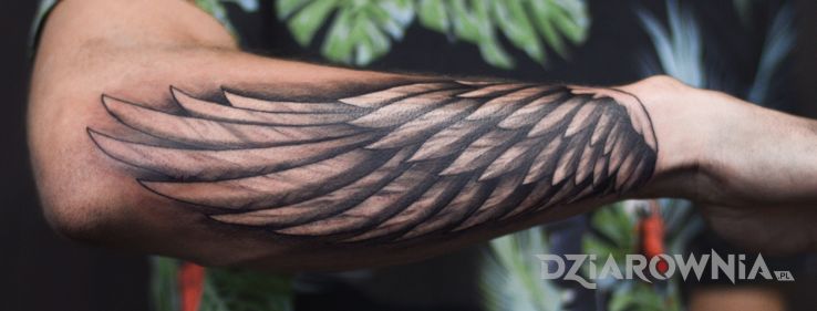 Tatuaż skrzydło w motywie czarno-szare i stylu graficzne / ilustracyjne na przedramieniu