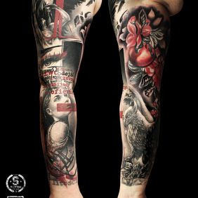 Tattoo Nemesis on the upper arm motif: 3D style: trash polka