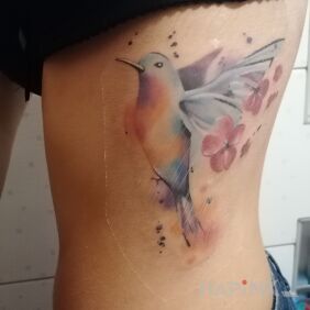 Tattoo Hummingbird watercolor on the ribs motif: animals style: Watercolor