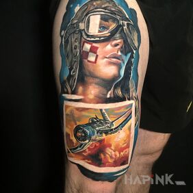 Tattoo Fly away on the leg motif: faces style: realistic