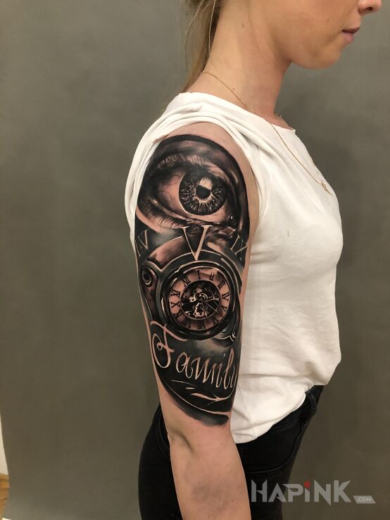 Tattoo Family in objects motif and realistic style on the upper arm