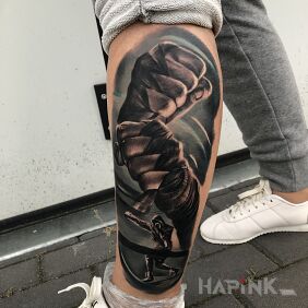 Tattoo Boxing life on the calf motif: characters style: realistic
