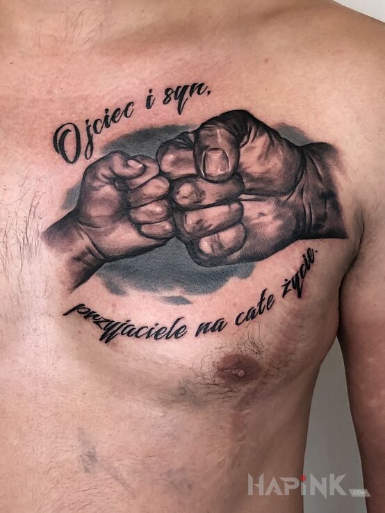 Tattoo Friends in 3D motif and calligraphy style on the chest