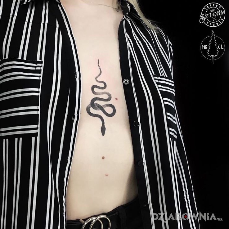 Tatuaż między piersiami w motywie czarno-szare i stylu minimalistyczne na klatce
