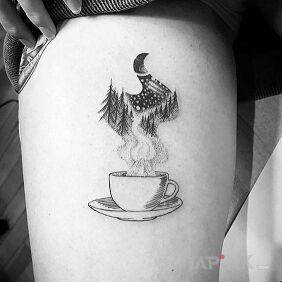 Tattoo Coffee forest on the leg motif: objects style: dotwork