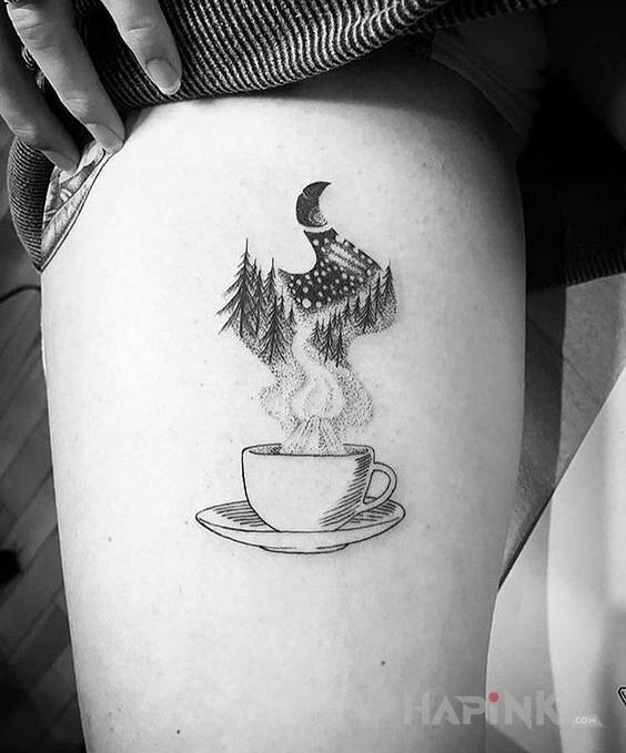 Tattoo Las z kawy in objects motif and dotwork style on the leg