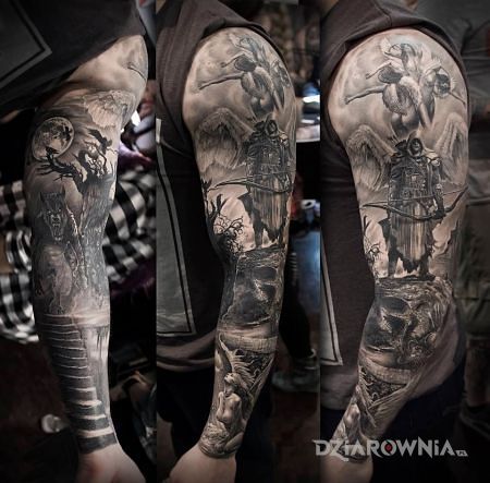 Tatuaż łowca potworów w motywie postacie i stylu realistyczne na przedramieniu