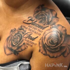 Tattoo Word of God on the collarbone motif: black and gray style: calligraphy