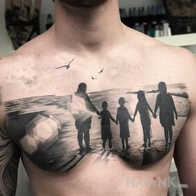 Tattoo Family by the Sea on the chest motif: black and gray style: graphic / illustrative