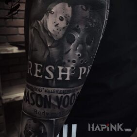 Tattoo Jason Voorheez on the forearm motif: black and gray style: realistic