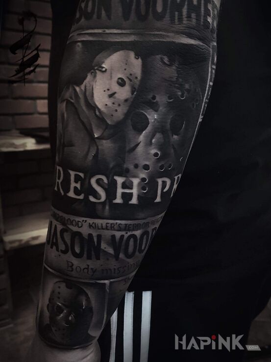 Tattoo Jason Voorheez in black and gray motif and realistic style on the forearm