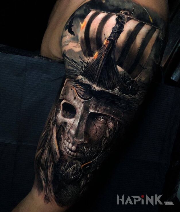 Tattoo Półmartwy wiking in faces motif and realistic style on the upper arm