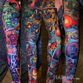 Tattoo Marvel on the upper arm motif: characters style: cartoon / comic book