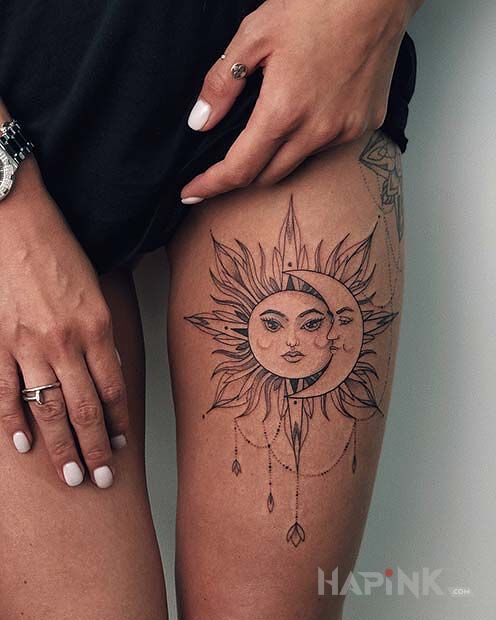 Tattoo Słońce i księżyc in ornaments motif and graphic / illustrative style on the leg