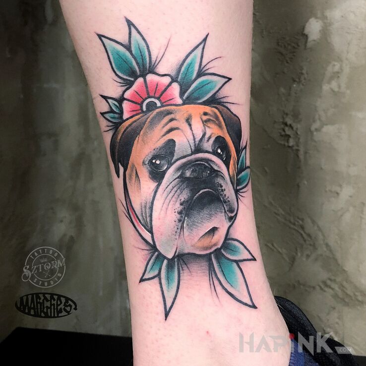 Tattoo Pies in animals motif and graphic / illustrative style on the calf