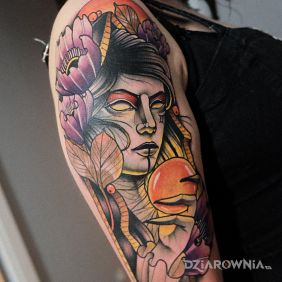 Tatuaż Wiedźma / Neotraditional na ramieniu motyw: kwiaty styl: neotradycyjne