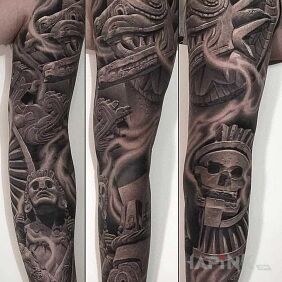 Tattoo Aztec deity on the forearm motif: 3D style: realistic
