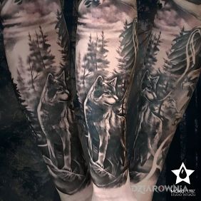 Tatuaż Wilk - część rękawa na przedramieniu motyw: czarno-szare styl: realistyczne