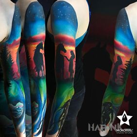 Tattoo Full Color on the forearm motif: characters style: graphic / illustrative