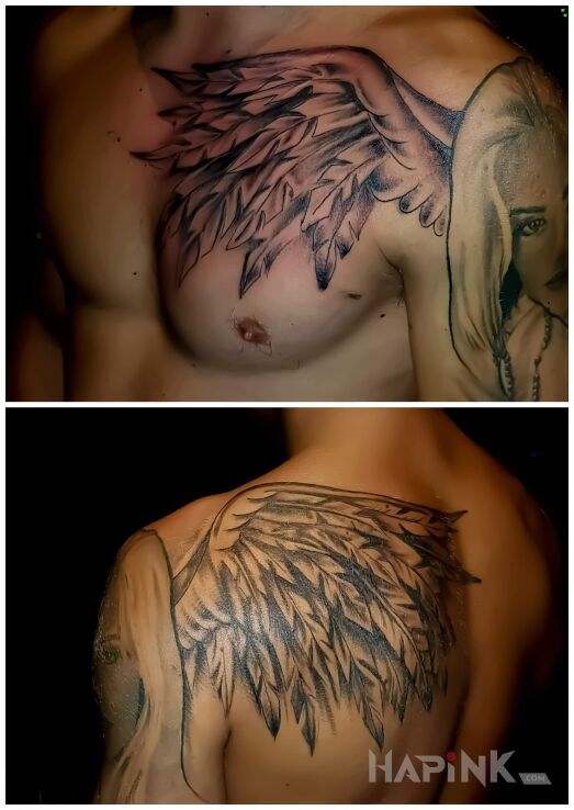 Tattoo Anioł in black and gray motif and graphic / illustrative style on the upper arm