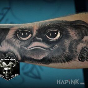 Tattoo Gizmo on the forearm motif: characters style: realistic