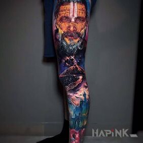 Tattoo The old man over the volcano on the calf motif: colorful style: realistic