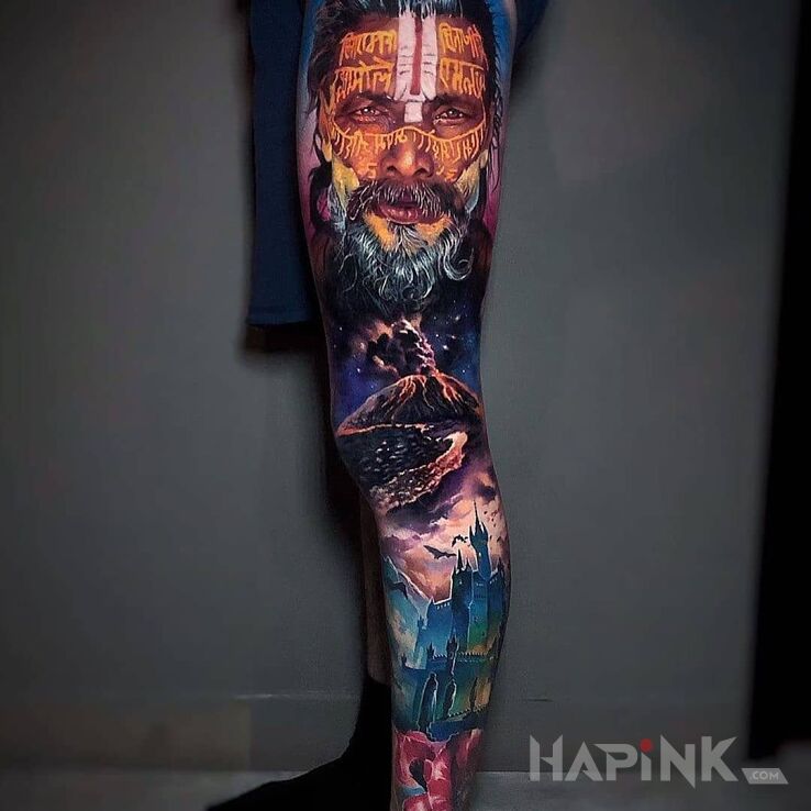 Tattoo Starzec nad wulkanem in fantasy motif and realistic style on the leg