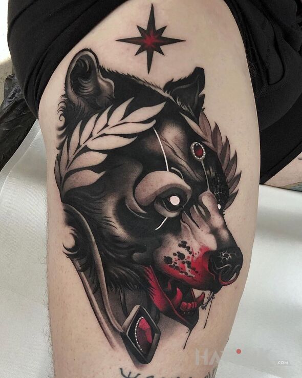 Tattoo Misiek in animals motif and neo-traditional style on the leg