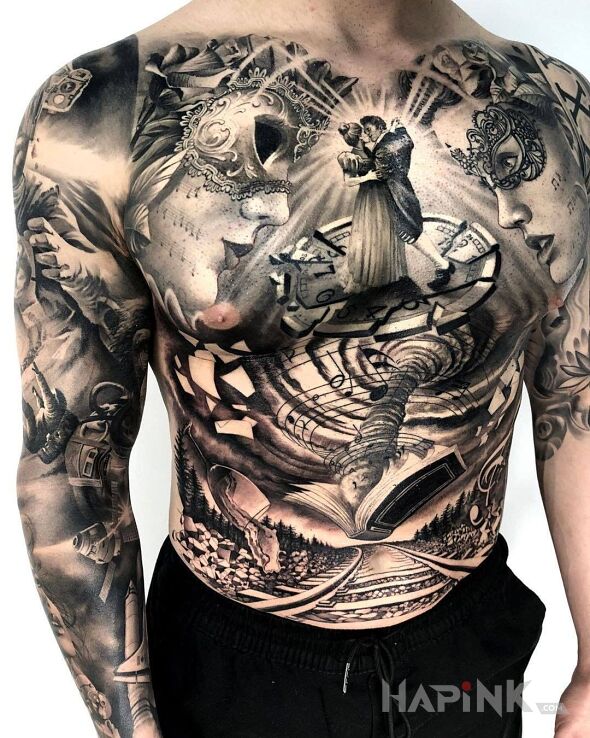 Tattoo Zatanczymy? in black and gray motif and realistic style on the chest