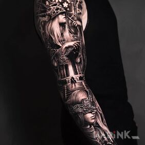 Tattoo Blind soothsayers on the forearm motif: black and gray style: realistic