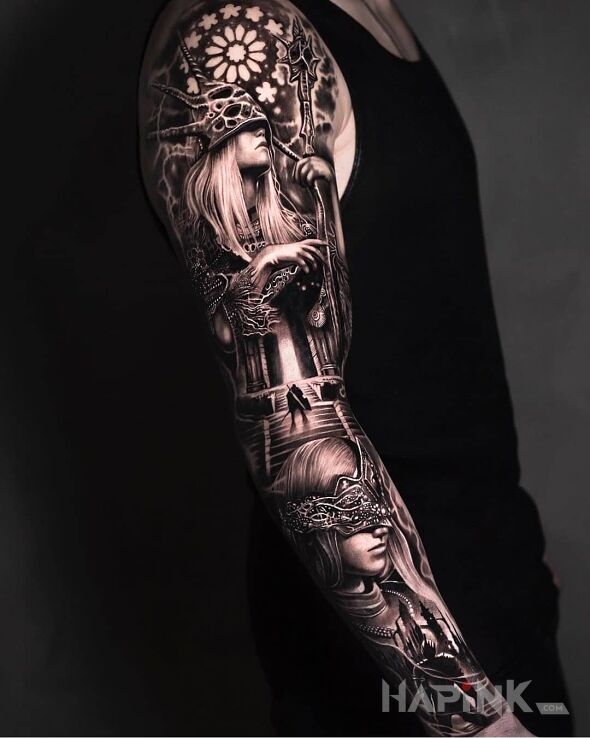 Tattoo Niewidome wieszczki in sleeves motif and realistic style on the forearm