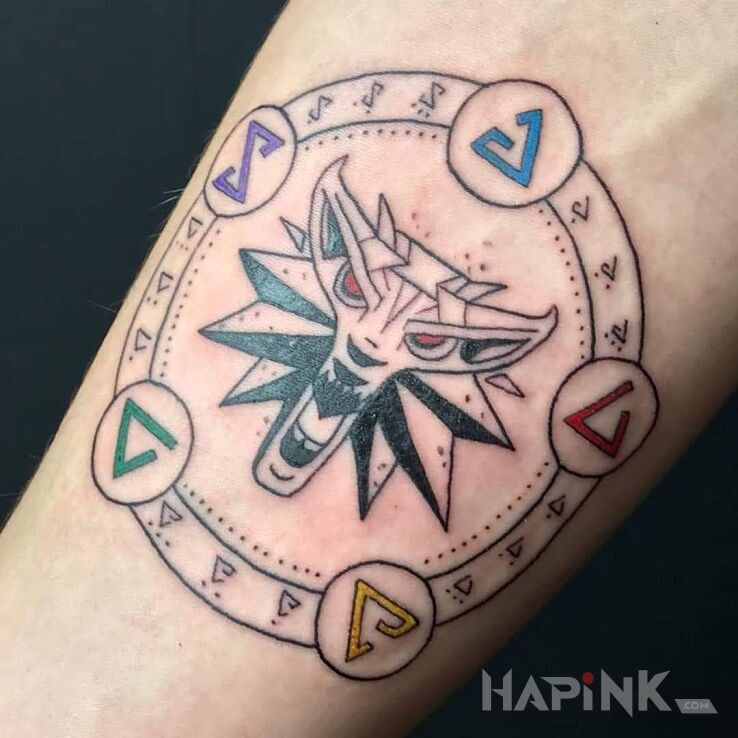 Tattoo Wiedźmin in colorful motif and graphic / illustrative style on the forearm