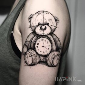 Tattoo Teddy Bear on the upper arm motif: black and gray style: sketch