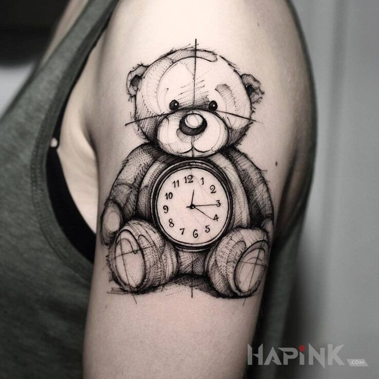 Tattoo Misiu Pysiu in objects motif and sketch style on the upper arm