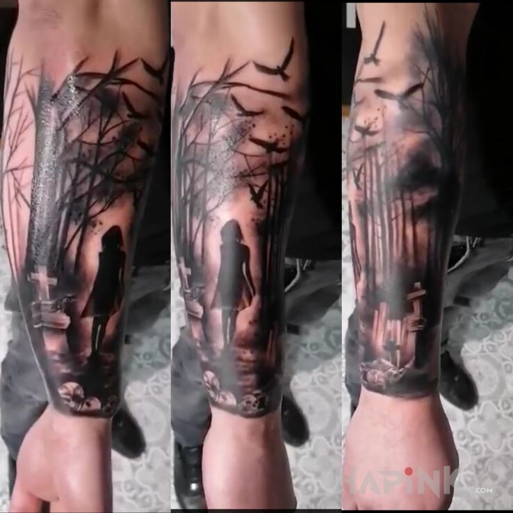 Tattoo Cmentarz cd. in dark motif and graphic / illustrative style on the forearm