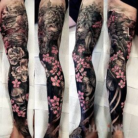 Tattoo Japanese flowers on the leg motif: demons style: graphic / illustrative