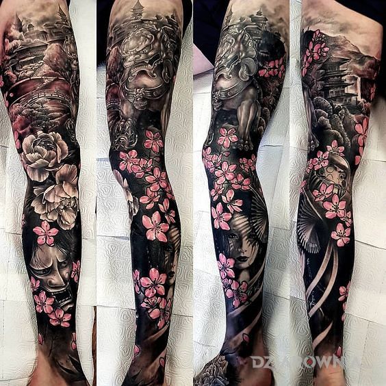 Tatuaż japońskie kwiaty w motywie kwiaty i stylu graficzne / ilustracyjne na nodze